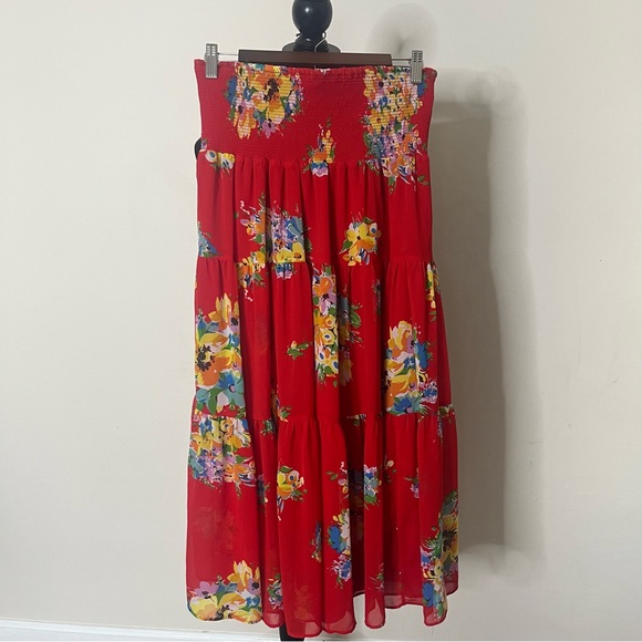 Lauren Ralph Lauren Black Label Red Floral Chiffon Full Maxi Skirt Sz M - Picture 4 of 9